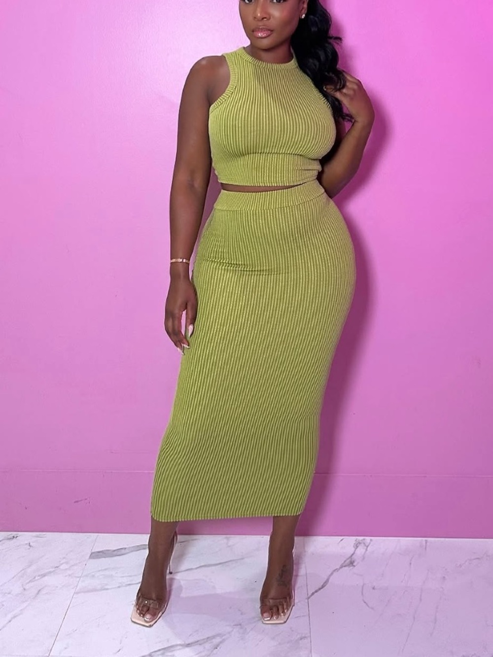 Ribbed Knit Midi Skirt Set - Olive Green